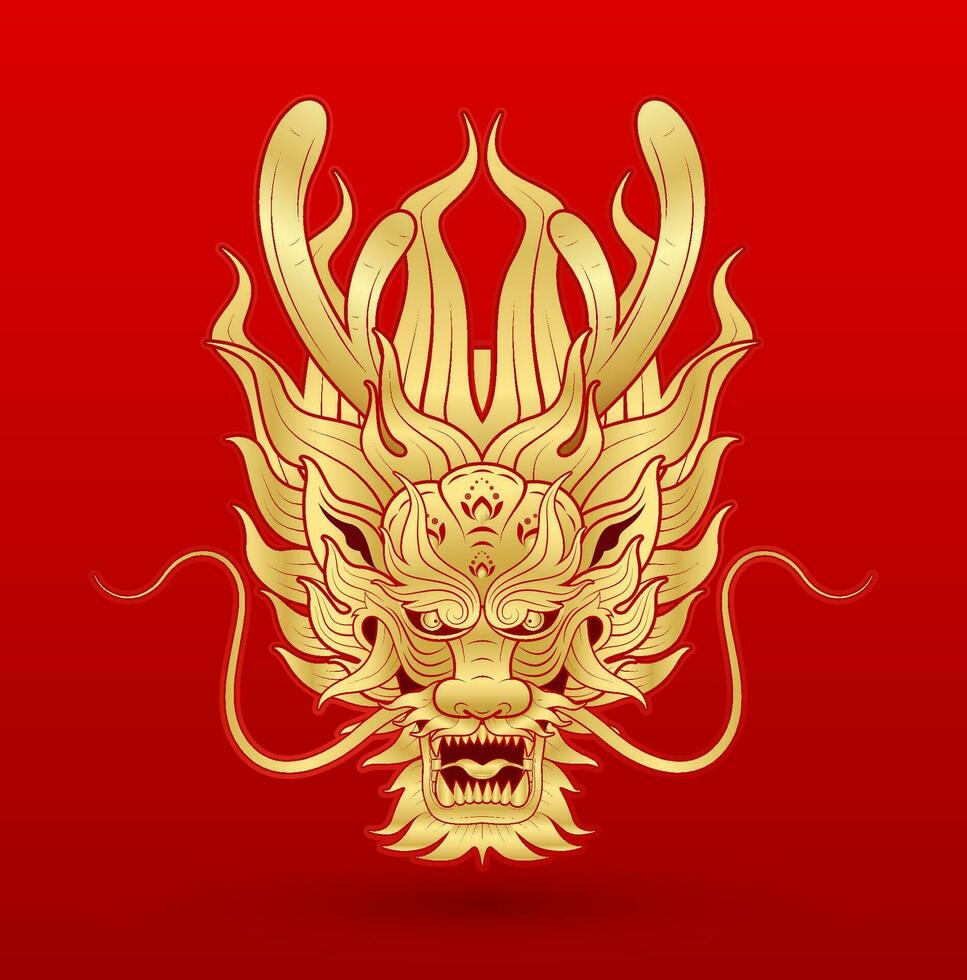 Traditional chinese Dragon gold zodiac sign isolated on red background for card design print media or festival. China lunar calendar animal happy new year. Vector Illustration.