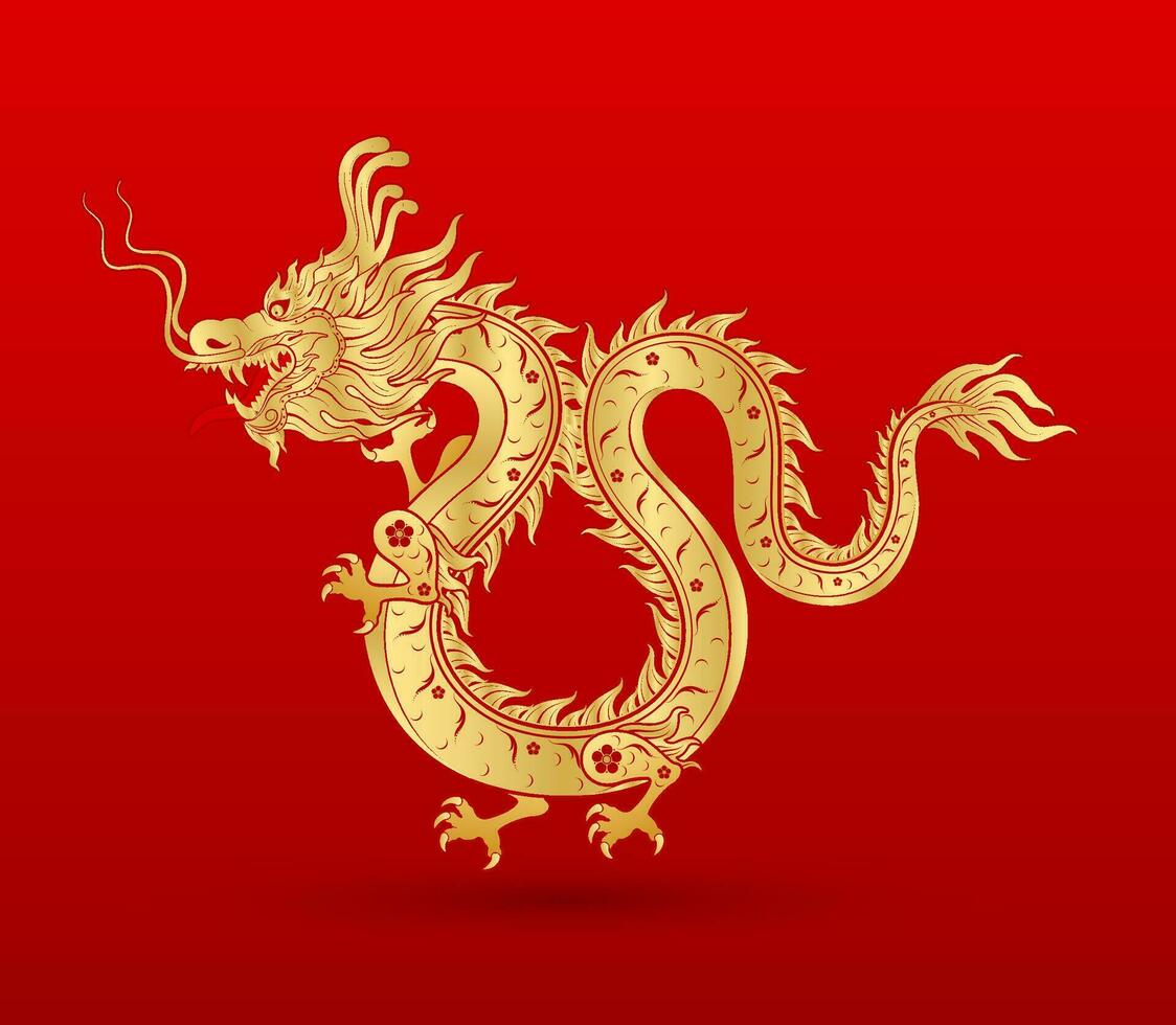 Traditional chinese Dragon gold zodiac sign isolated on red background for card design print media or festival. China lunar calendar animal happy new year. Vector Illustration.