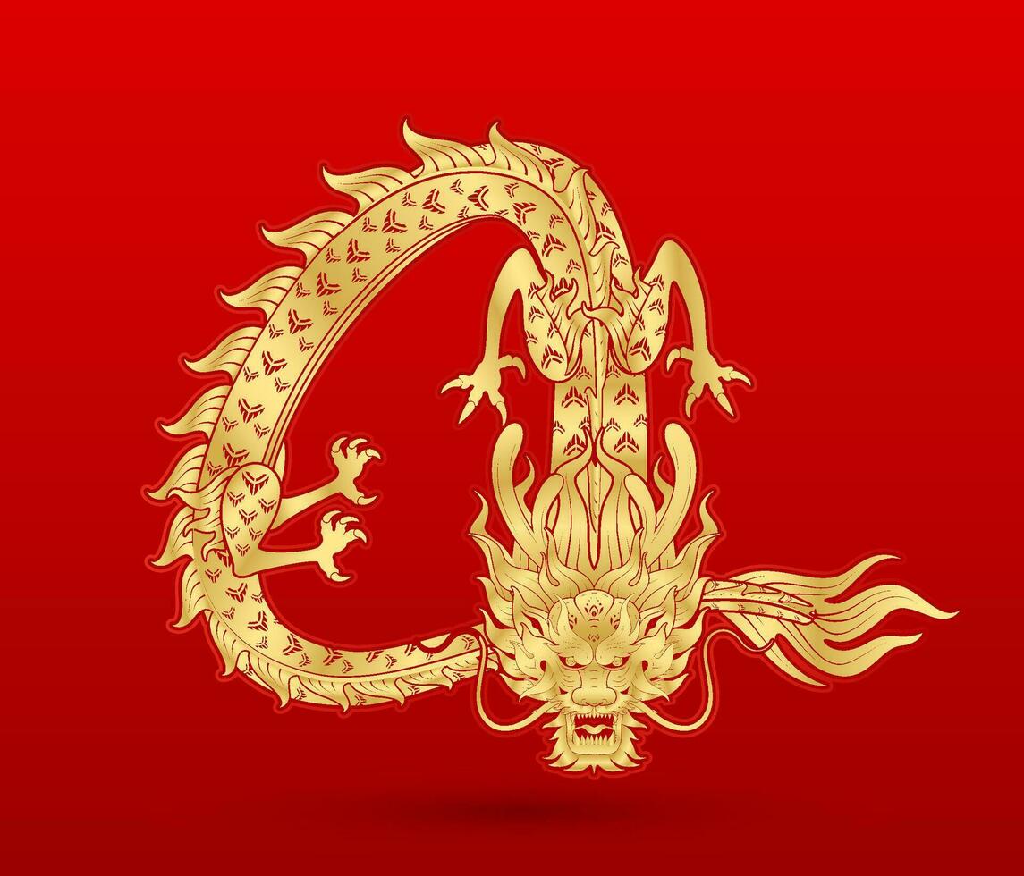 Traditional chinese Dragon gold zodiac sign isolated on red background