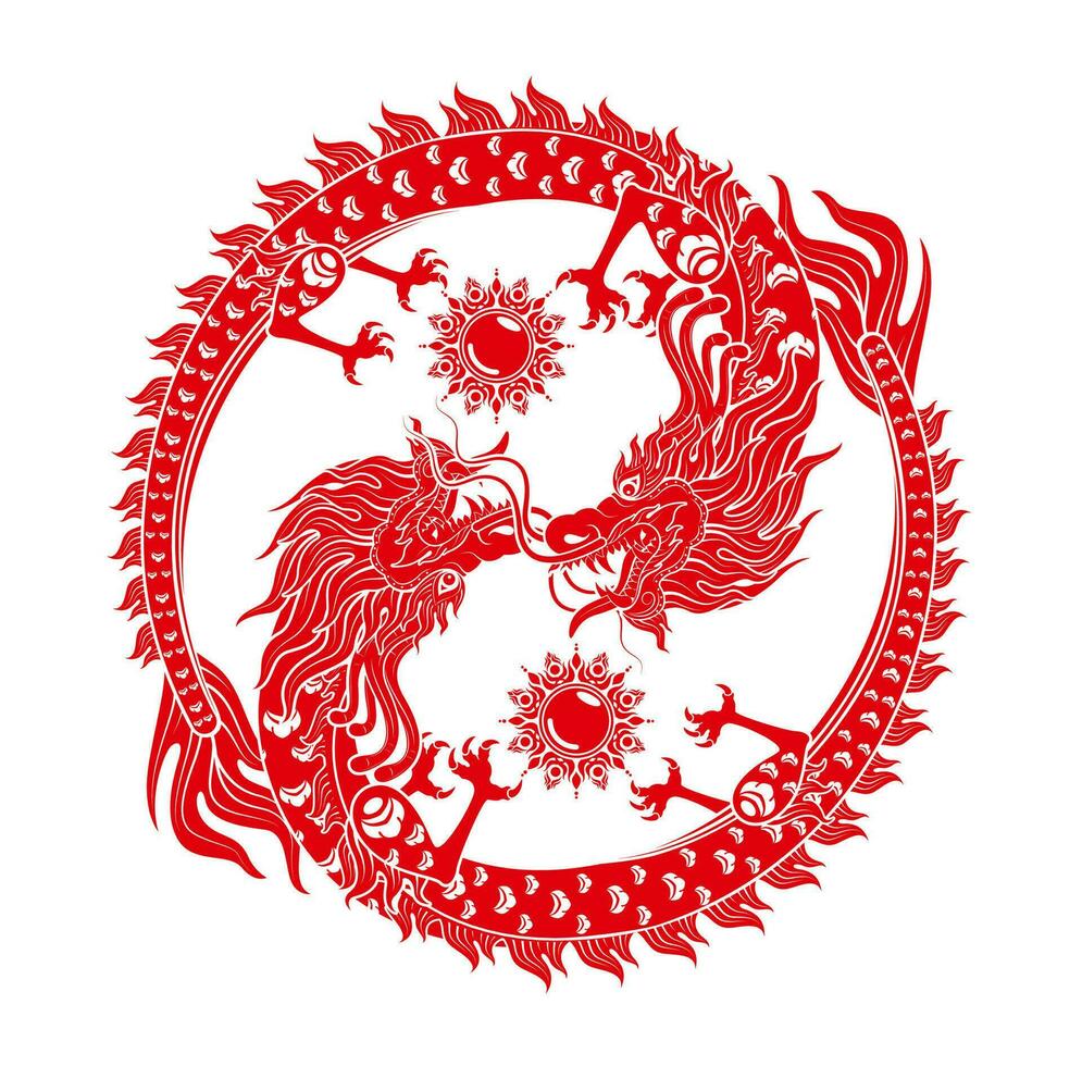 Traditional chinese Dragon red zodiac sign yin yang infinity isolated on white background for card design print media or festival. China lunar calendar animal happy new year. Vector Illustration.