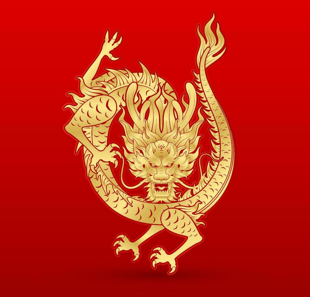 Traditional chinese Dragon gold zodiac sign isolated on red background for card design print media or festival. China lunar calendar animal happy new year. Vector Illustration.