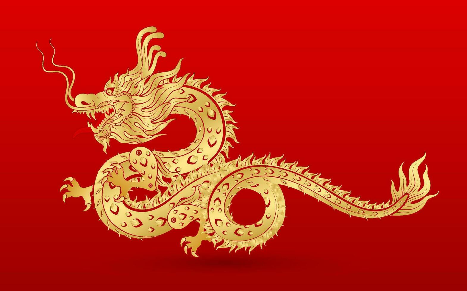 Traditional chinese Dragon gold zodiac sign isolated on red background for card design print media or festival. China lunar calendar animal happy new year. Vector Illustration.