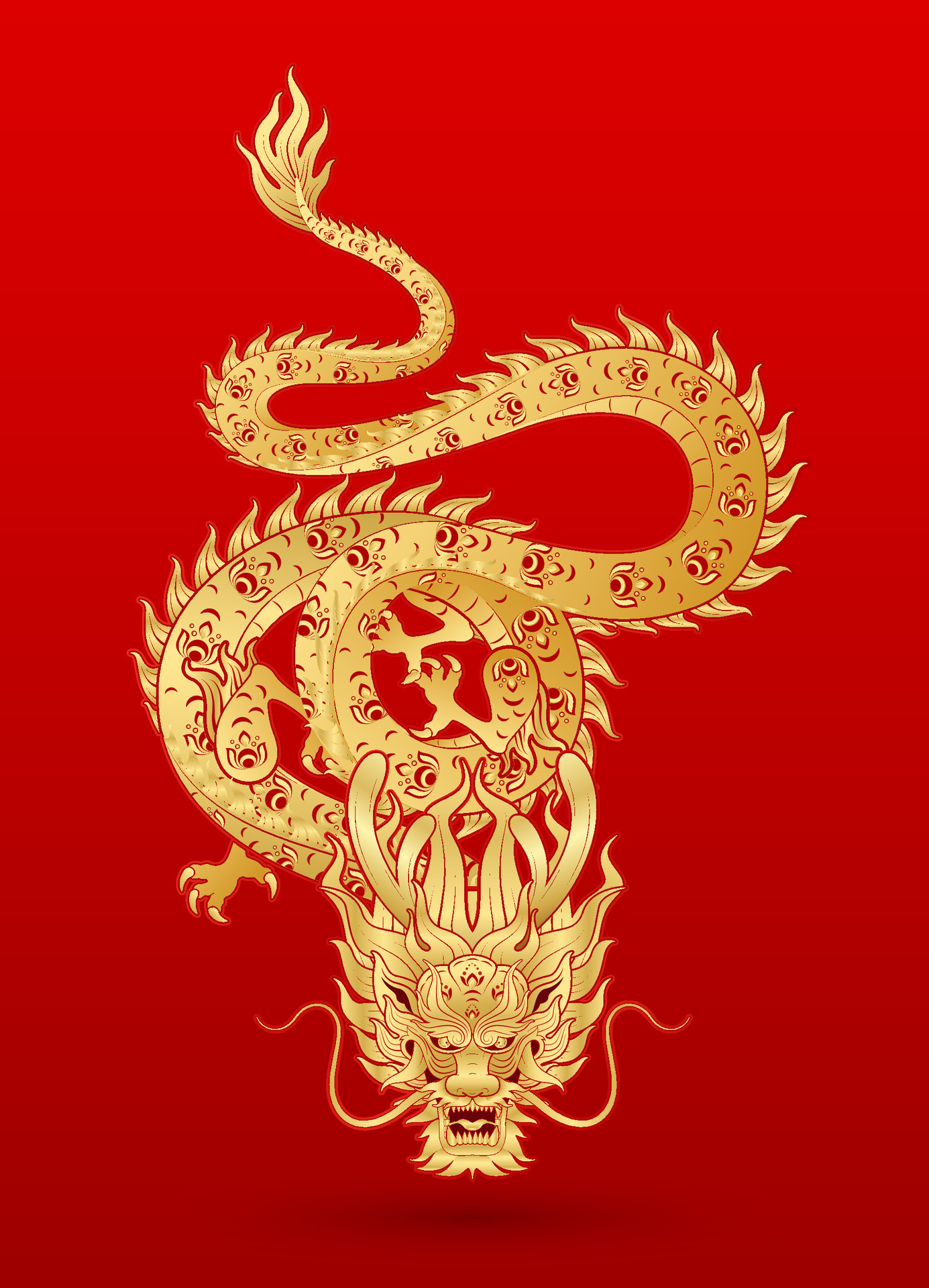 Traditional chinese Dragon gold zodiac sign isolated on red background