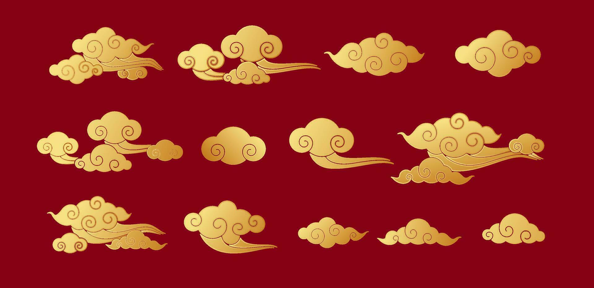 Chinese traditional clouds in glod. Sky pattern ornaments in chinese, korean and japanese oriental style for festival banner or card Chinese new year design. Isolated on red background. Vector. vector