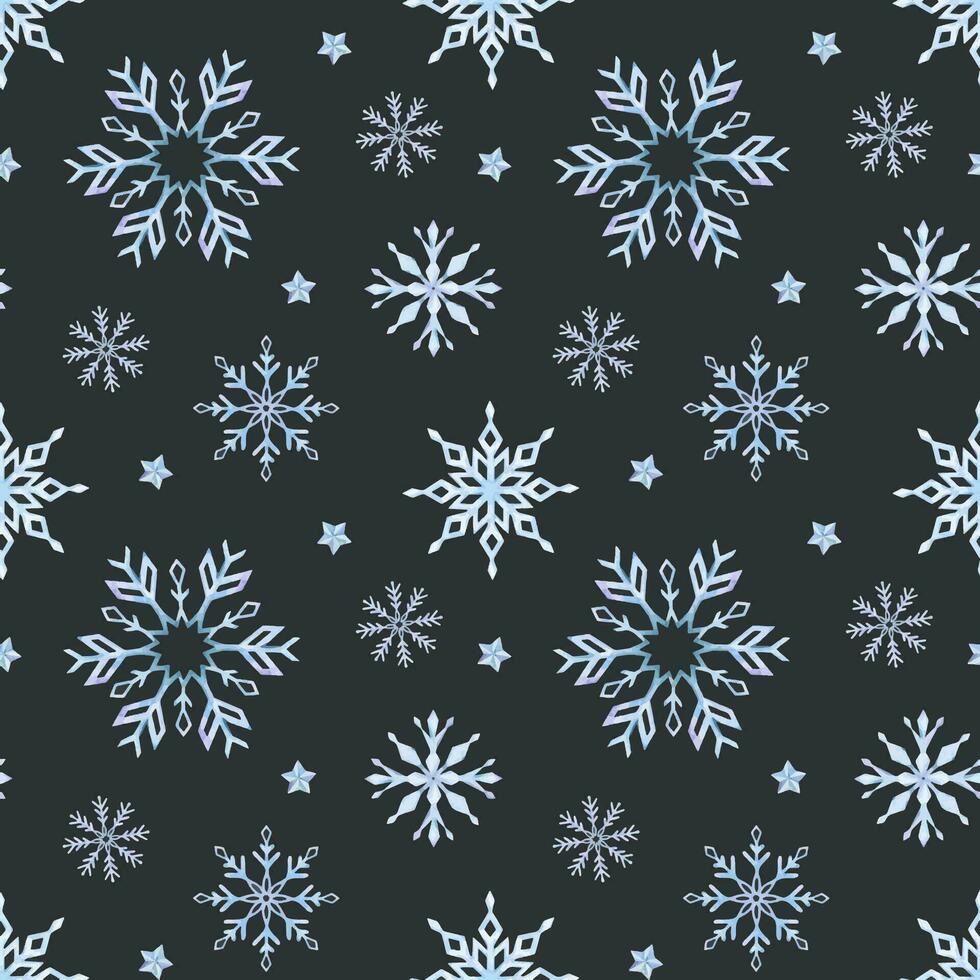 copos de nieve. acuarela sin costura modelo. decorativo invierno antecedentes con mano dibujado copos de nieve, nieve, estrellas. para tela, envase papel, álbum de recortes, postales, invitaciones, tarjetas vector