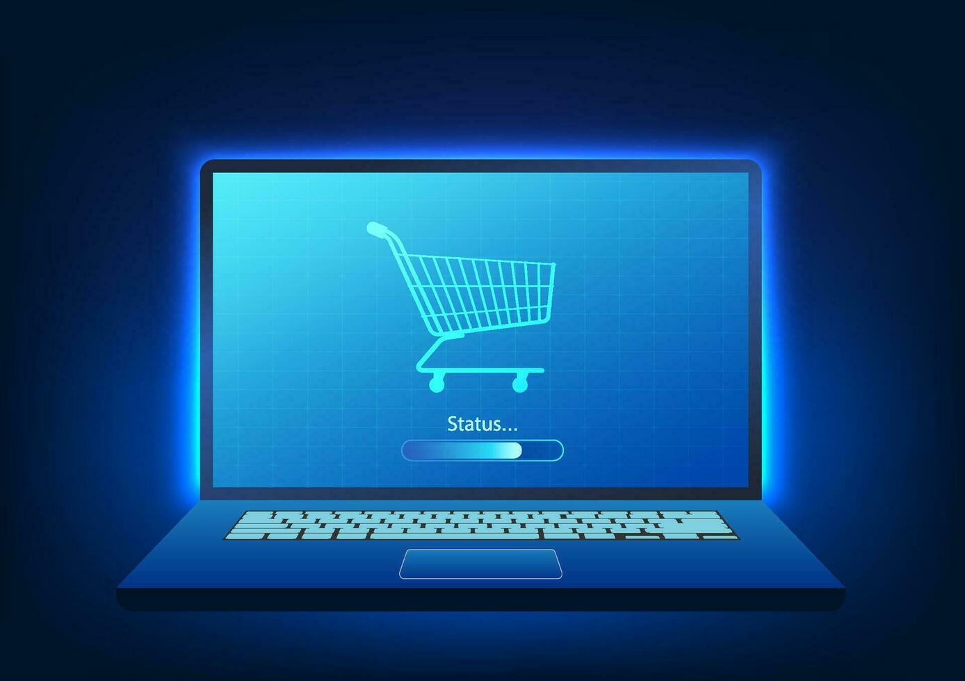 Computer screen has a shopping cart with status. It represents online shopping where products can be ordered anywhere in the world via the internet. vector