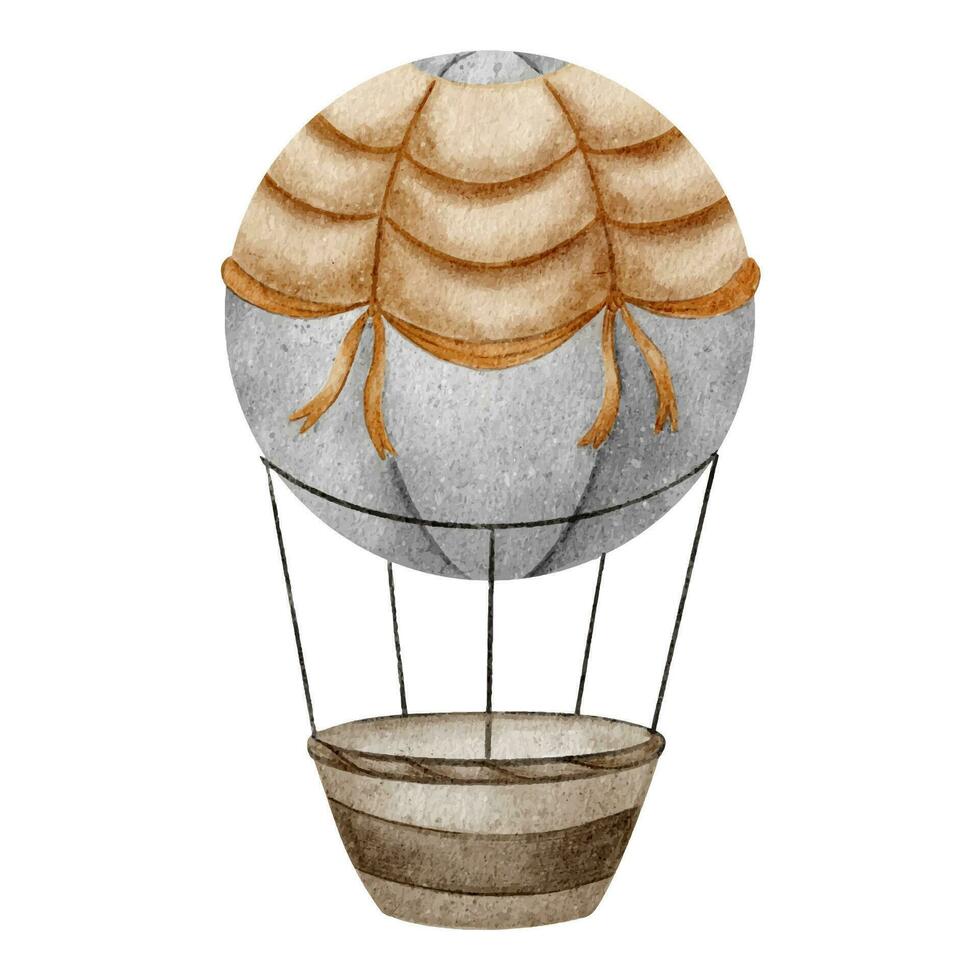 Striped beige Hot Air Balloon with basket. Cute baby aircraft. Watercolor hand drawn illustration. Isolated. Design for kid's goods, clothes, postcards, baby shower and children's room vector