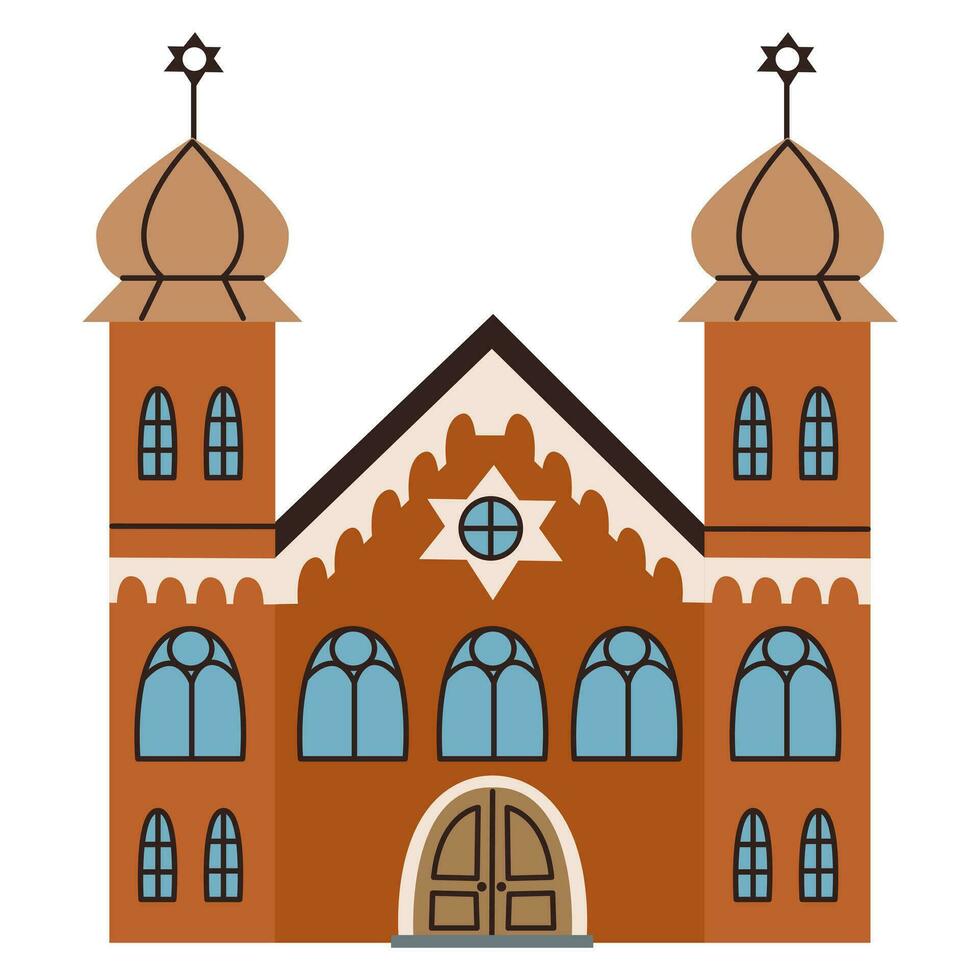 Isolated religious synagogue with two towers and jewish star. Spiritual architecture collection. Flat vector illustration on white background.