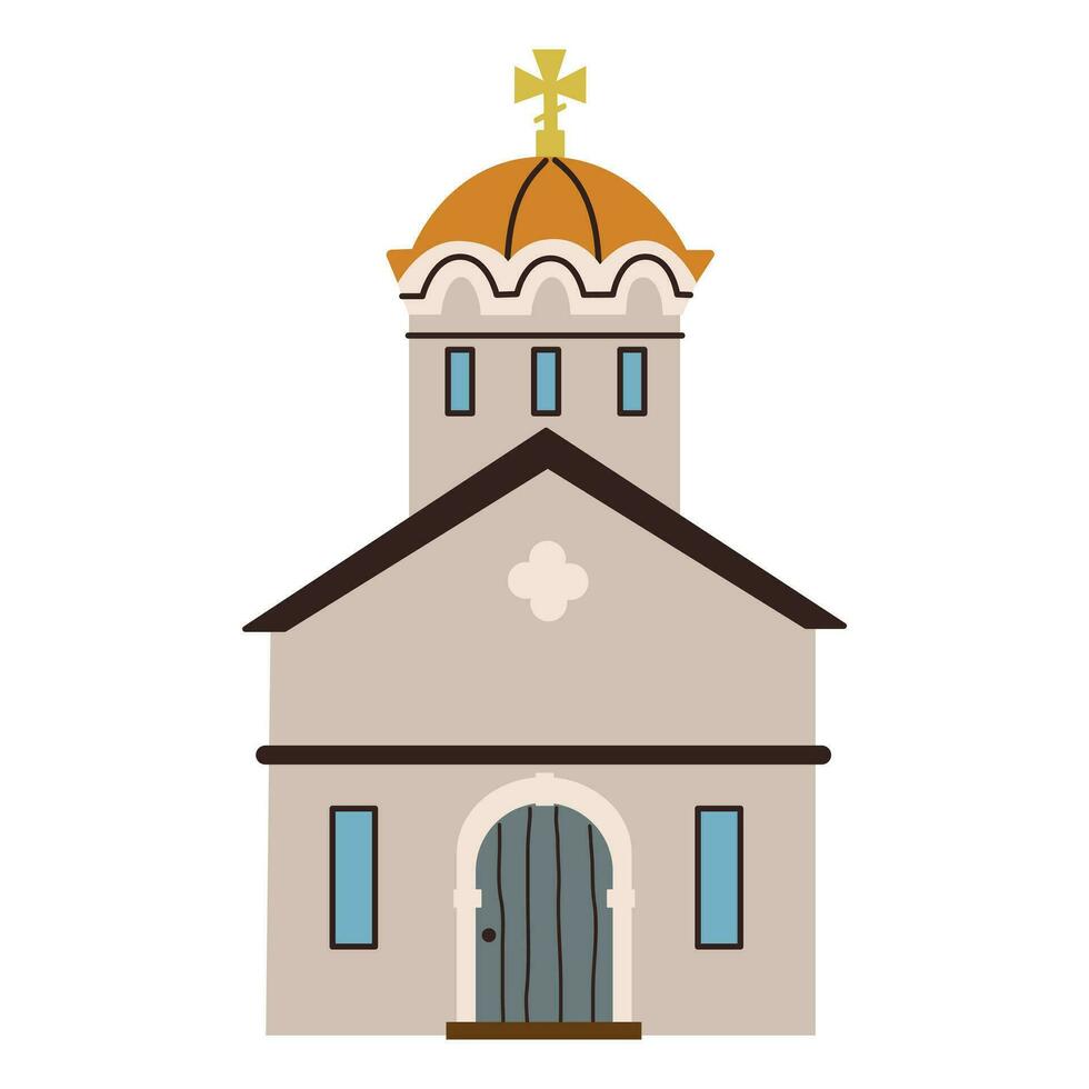 Isolated religious white orthodox church with gold cross. Spiritual architecture collection. Flat vector illustration on white background.