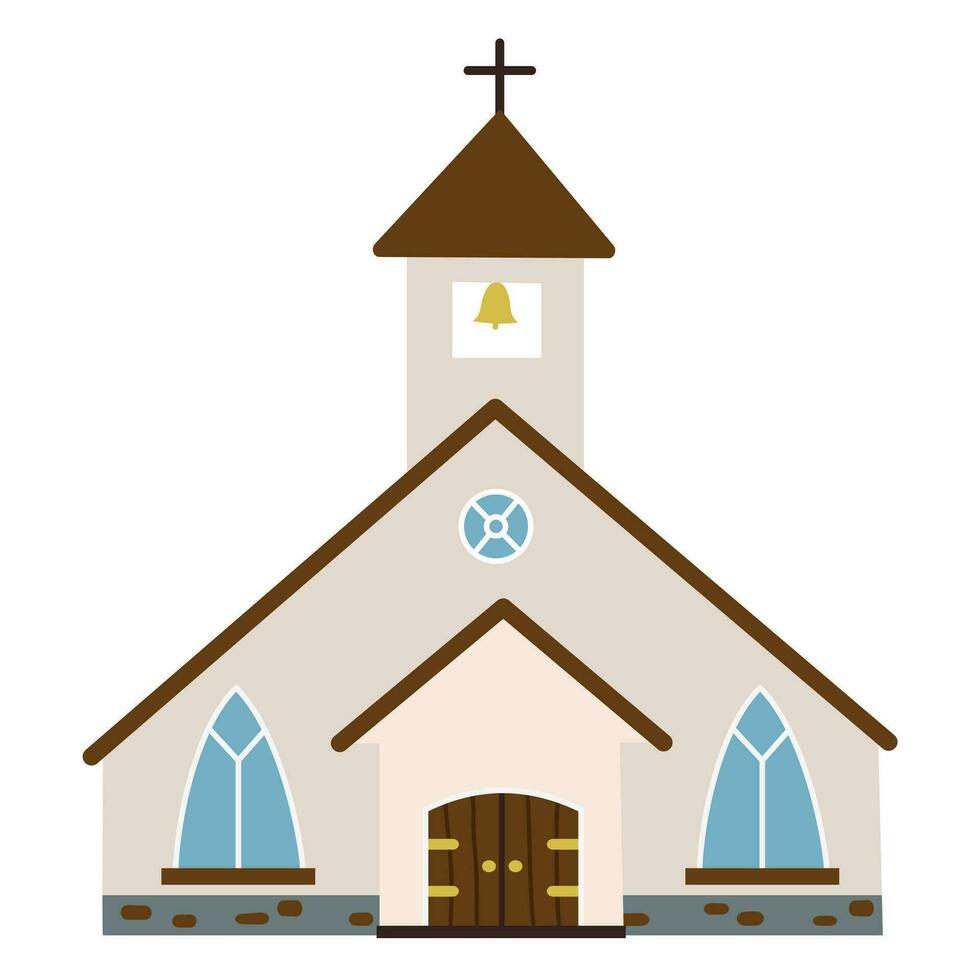 Isolated religious white church with tower, bell and cross. Spiritual architecture collection. Flat vector illustration on white background.