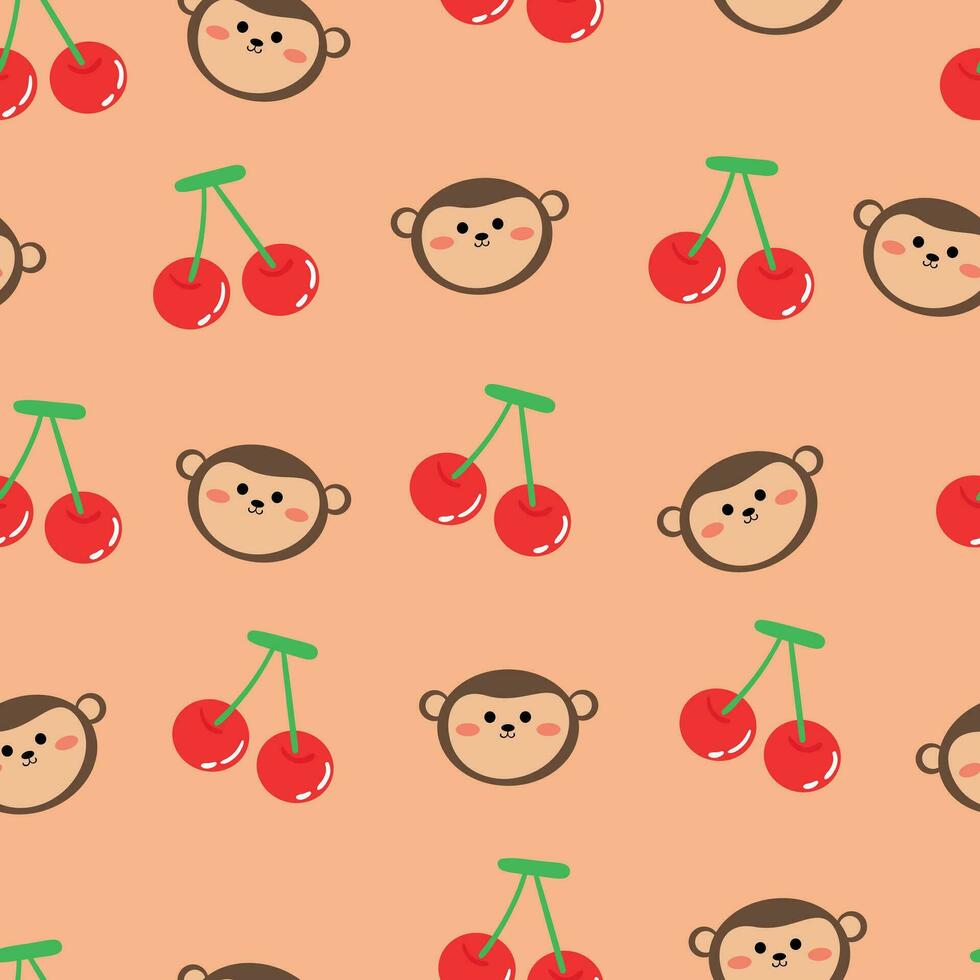 Seamless cartoon pattern of monkeys and cherries on pink background for fabric print, textile, gift wrapping paper. colorful vector for children, flat style