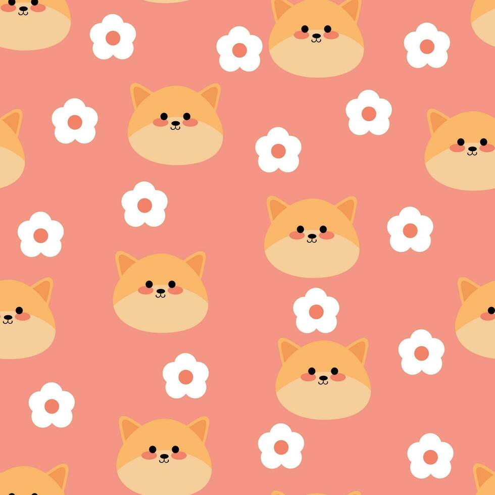Seamless pattern of cartoon fox and flowers on pink background for fabric prints, textiles, gift wrapping paper. colorful vector for children, flat style