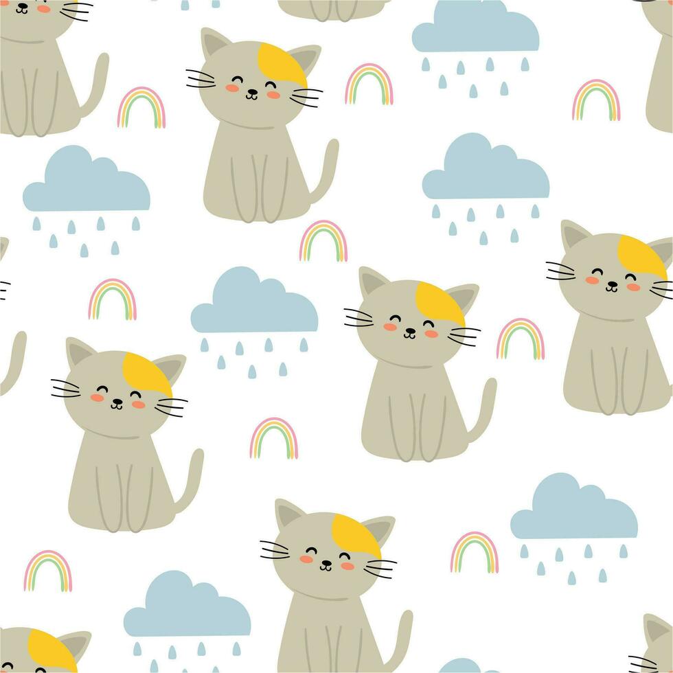 Seamless pattern of hand drawing cartoon cats, rain and rainbow. for children's wallpaper, fabric prints, textiles, gift wrapping paper vector