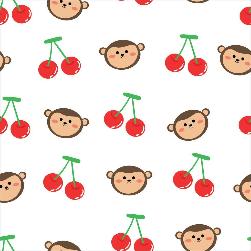Seamless cartoon pattern of monkeys and cherries on white background for fabric print, textile, gift wrapping paper. colorful vector for children, flat style