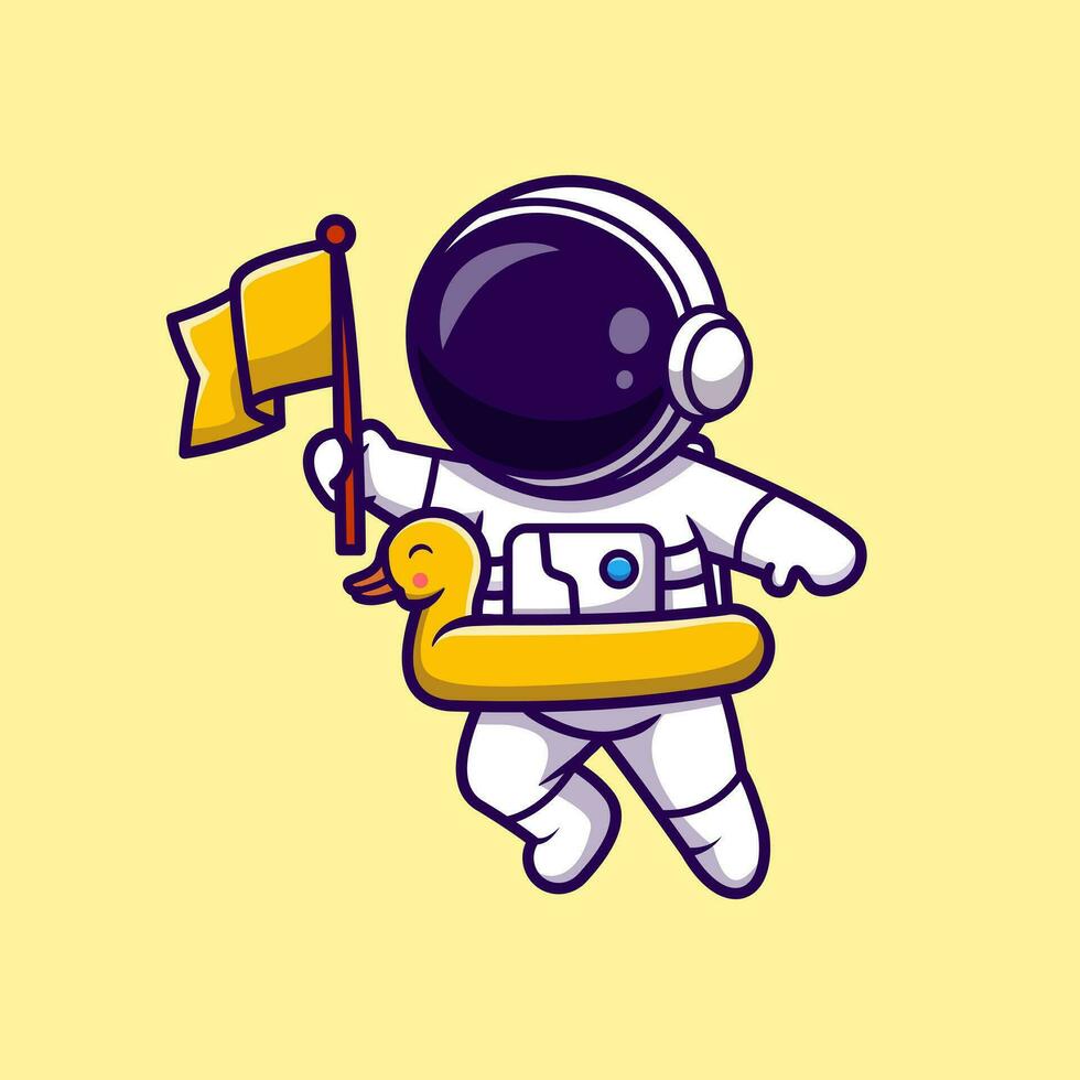 astronauta traer bandera y flotante con Pato llantas dibujos animados vector icono ilustración. tecnología fiesta icono concepto aislado prima vector. plano dibujos animados estilo