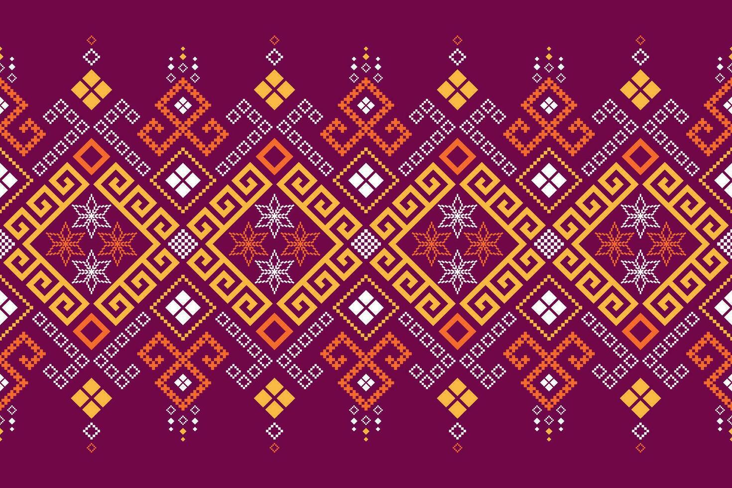 Purple cross stitch traditional ethnic pattern paisley flower Ikat background abstract Aztec African Indonesian Indian seamless pattern for fabric print cloth dress carpet curtains and sarong vector