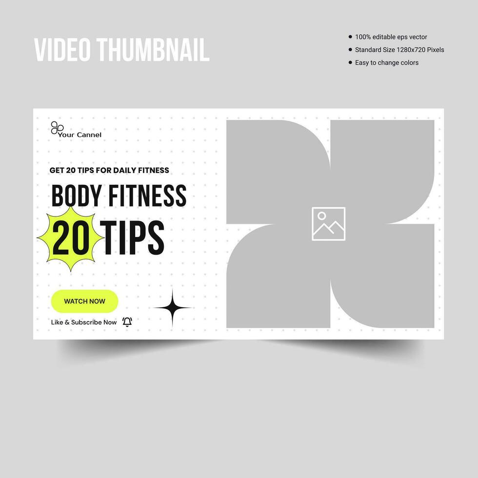 Daily body fitness and gym video thumbnail banner template design, fully editable vector eps 10 file format