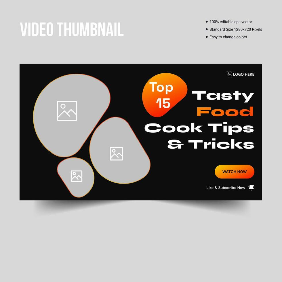 Customizable dark mode food recipe video thumbnail banner template, fully editable vector eps 10 file format