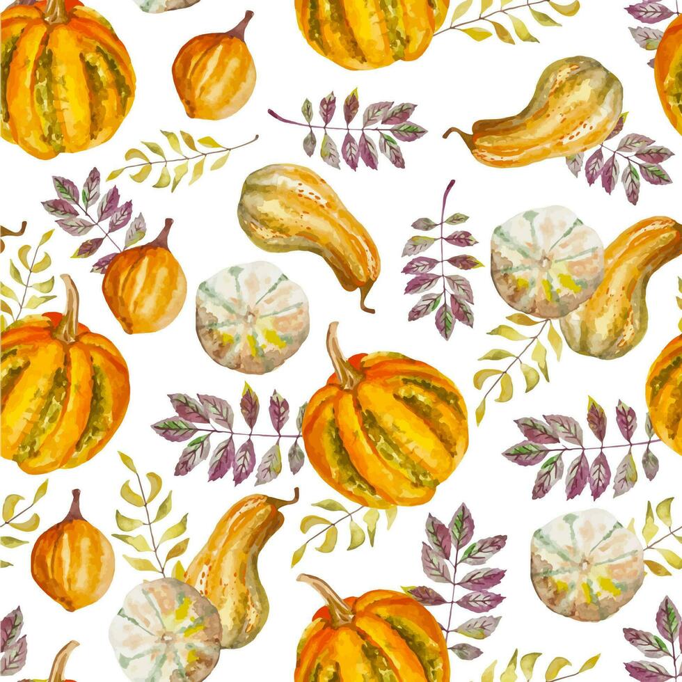 patrón transparente de otoño acuarela con calabazas dibujadas a mano y hojas para textiles, fundas de teléfono y otras decoraciones vector