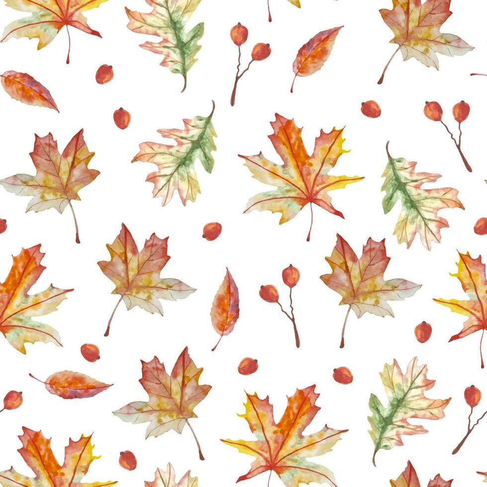 Watercolor autumn seamless pattern with hand drawn colorful leaves and red berries for textile, phone cases and other decorations vector