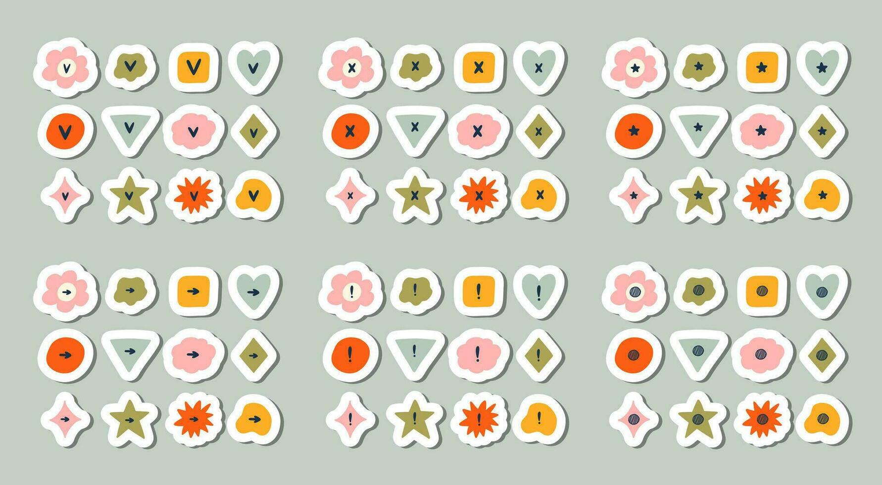 Cute hand drawn sticker set of check and cross mark set with checkboxes in the shape of flower, star, heart, circle, cloud. V, X, yes, no, ok, arrow, exclamation point, star sign for bullet journal. vector