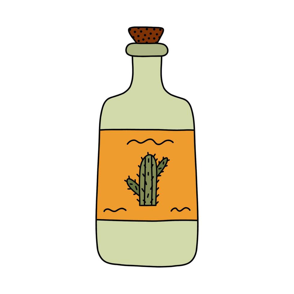 sencillo mano dibujado garabatear con contorno de tequila botella con cactus etiqueta. tradicional mexicano alcohol bebida icono en vistoso estilo. fiesta bebidas y espíritu clipart aislado en blanco antecedentes. vector