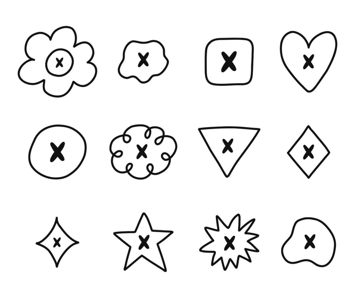 Cute hand drawn cross mark set. Diary note elements with checkboxes in the shape of flower, star, heart, circle, cloud. Tick X, no sign for weekly planner, bullet journal, notebook template vector