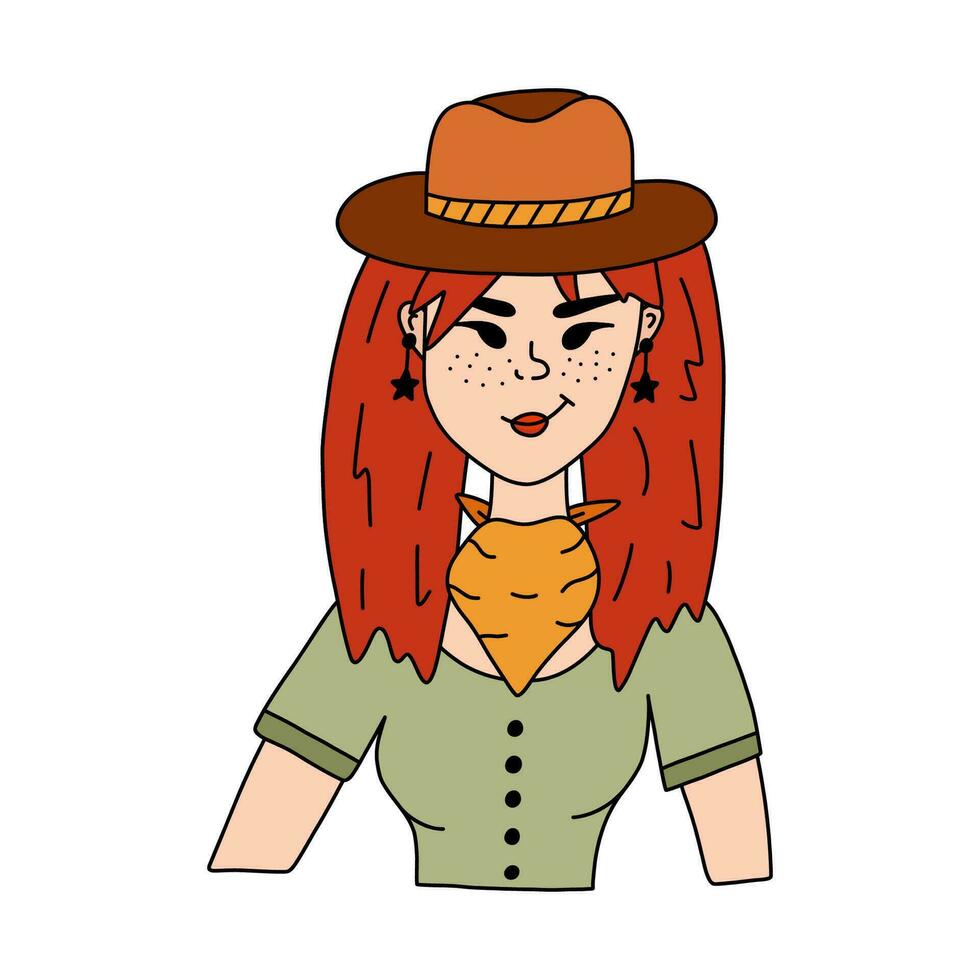 Hand drawn stylish young cowgirl wearing hat, bandana, t-shirt and star earrings. Cute doodle portrait of cow girl of Wild west. Vector western female character for print design, poster, cowboy party