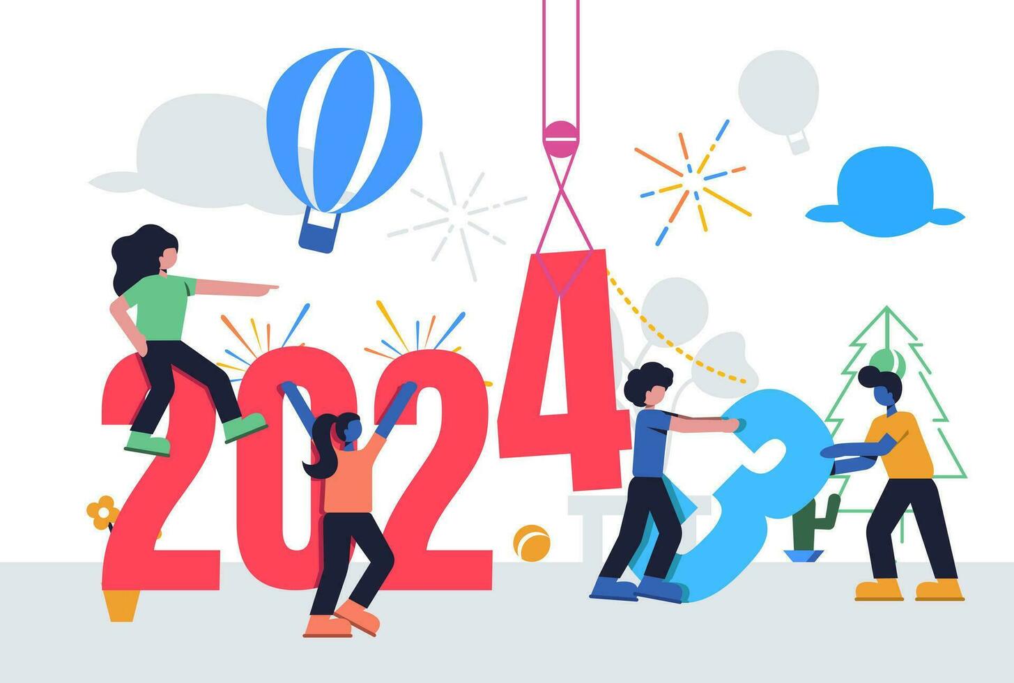 People Illustration welcome for the New Year. All Get Ready and Working together for replaces 2023 to 2024 Vector. Year Changing Design vector