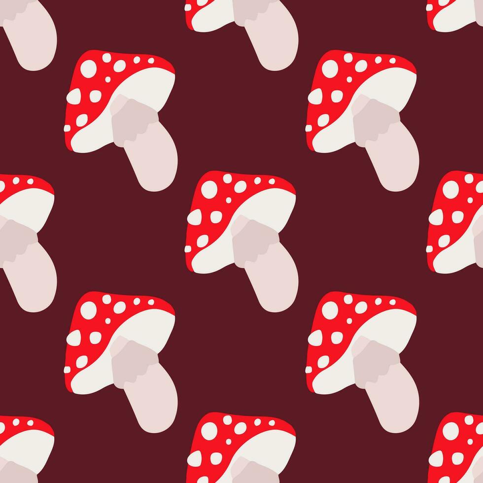 Amanita mushroom seamless pattern. Fly-agaric muscaria silhouettes wallpaper. Autumn season retro style textile print. Simple botanical background. Minimal design organic backdrop. vector