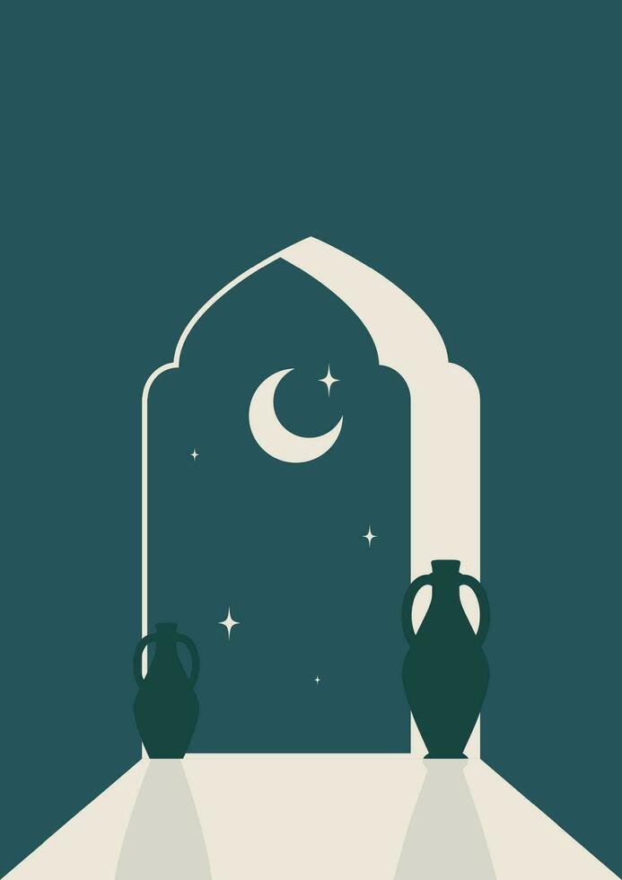 Old city minimalist boho night illustration print. Arch and jar elements and moon poster art. vector