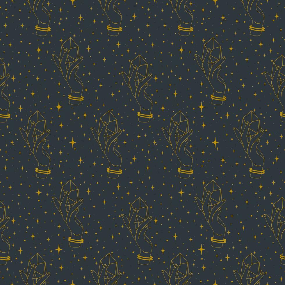 Seamless pattern magic hands with healing crystal art. Halloween elements vector