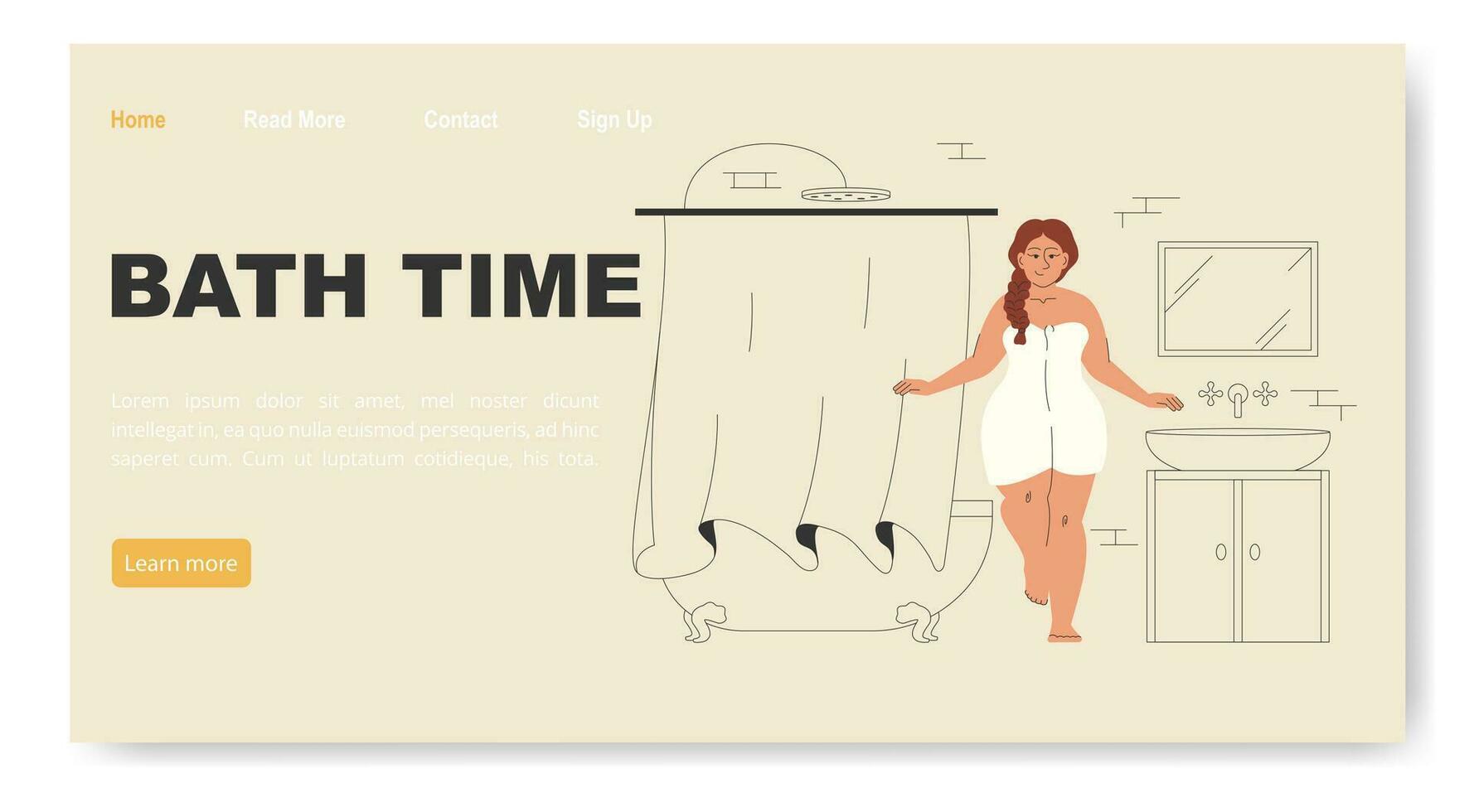Bath time concept of landing page with girl bathtub. Plump female character washes with bubbles vector