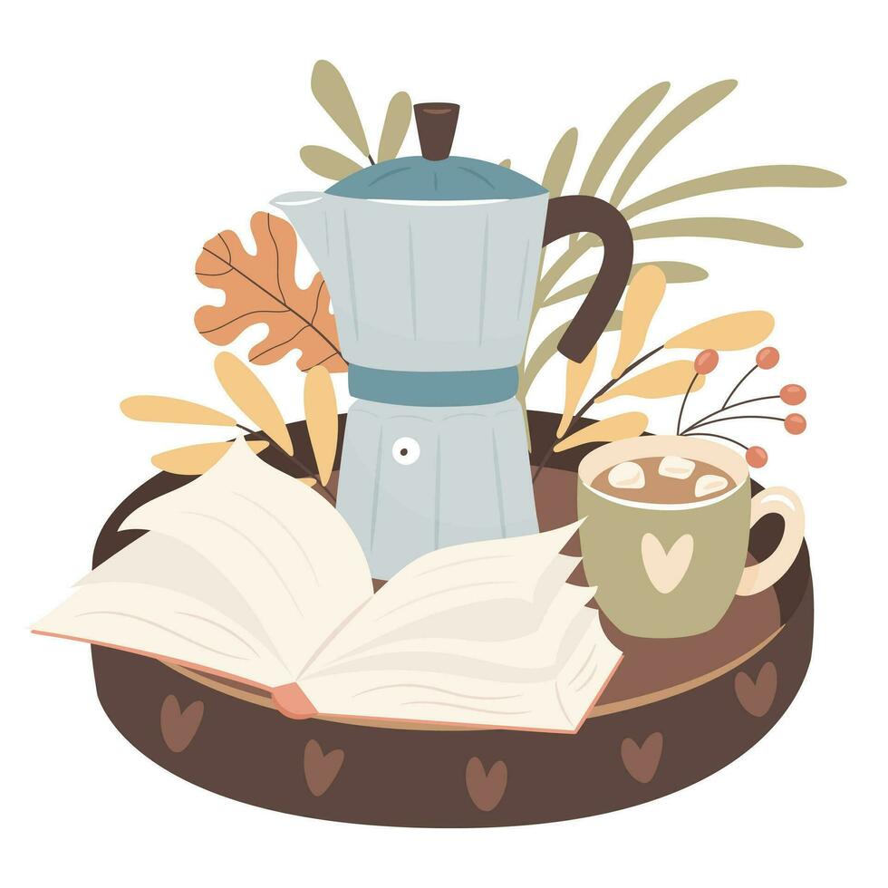 Coffee maker and mug of coffee on a wooden tray. Coffee break time with a book. Cozy autumn days concept. vector