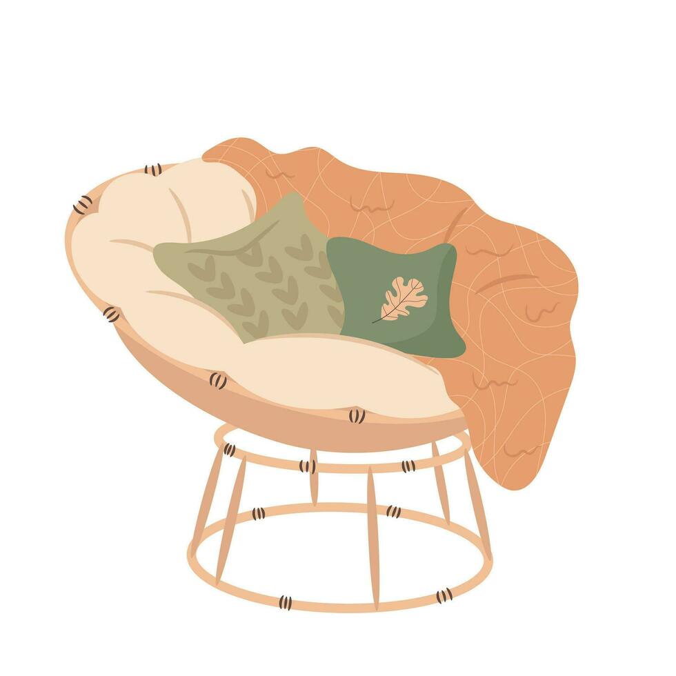 Cozy home rattan armchair with cushions and warm blanket. Cozy autumn days concept. vector