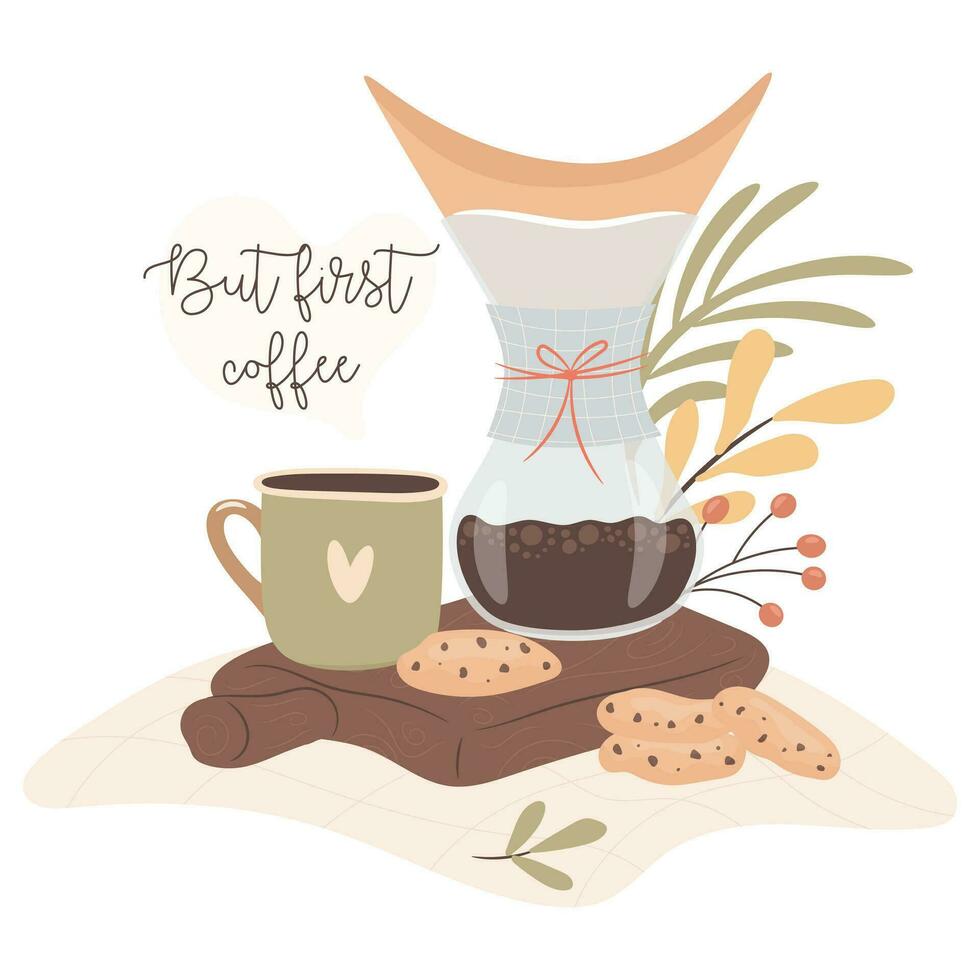 pero primero café. acogedor otoño trabajando dias concepto. vector ilustración