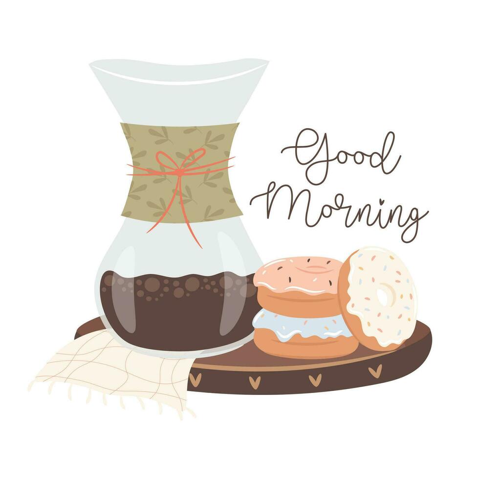 Good morning. Coffee and doughnuts on the wooden tray. Vector illustration