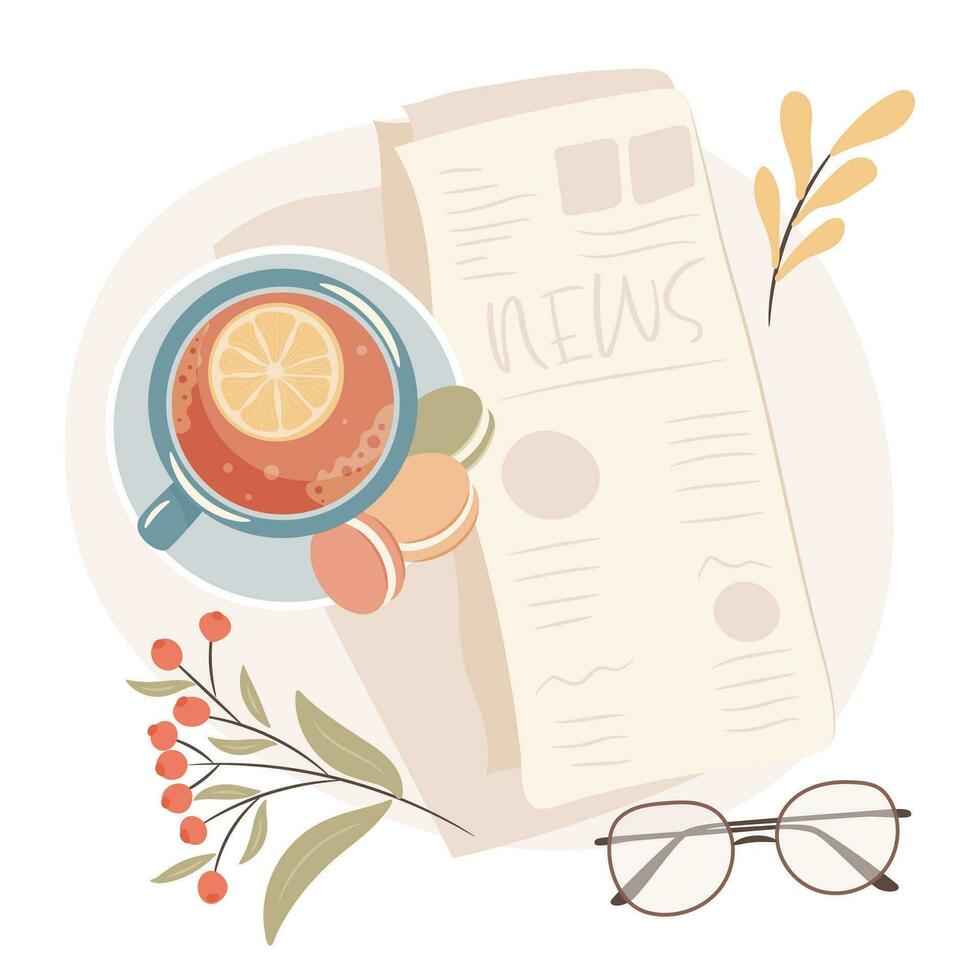 Morning newspaper. Hot lemon tea with cookies. Cozy autumn working days concept. vector