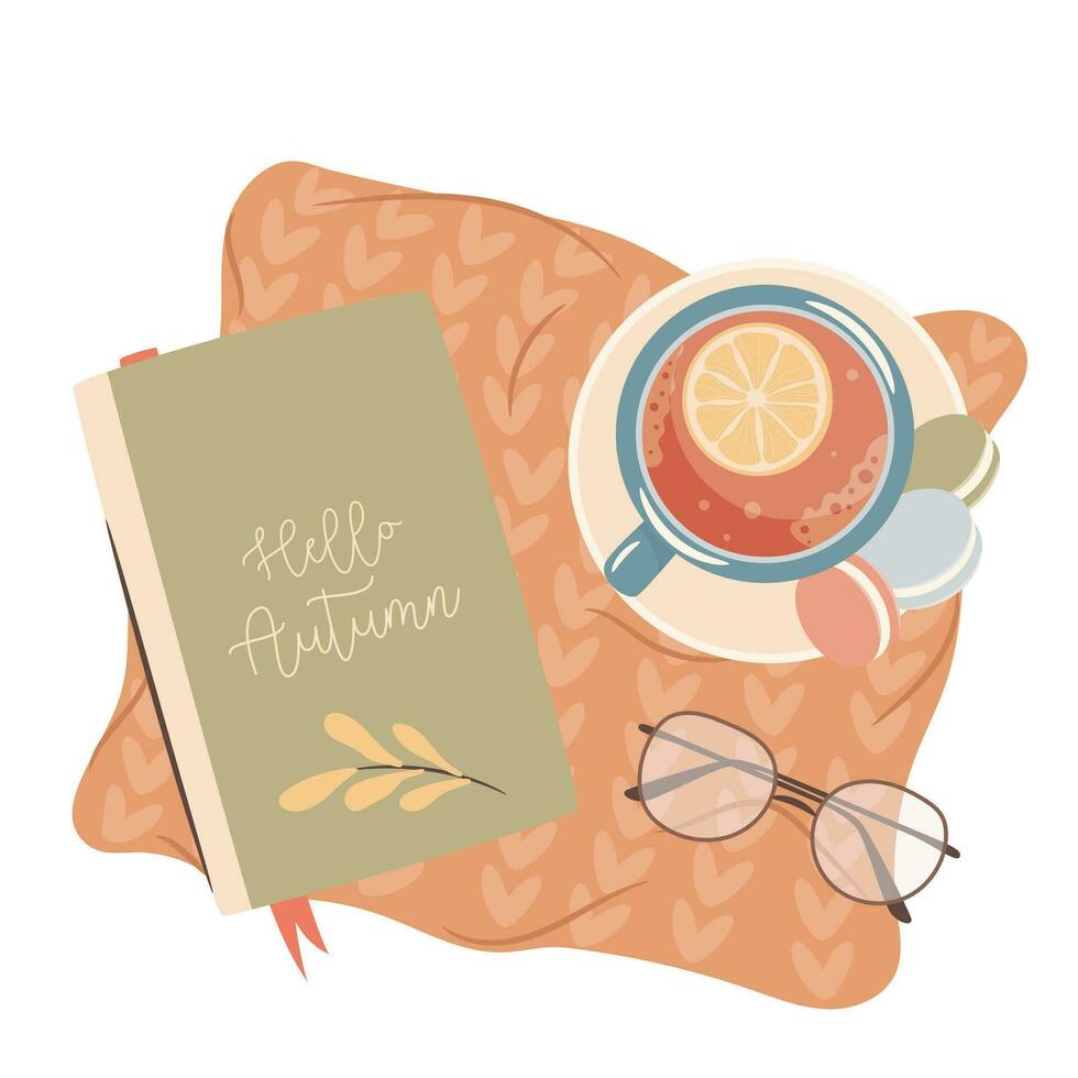 Hello Autumn. Sweater weather. Cup of tea and a book. Cozy autumn days concept. vector