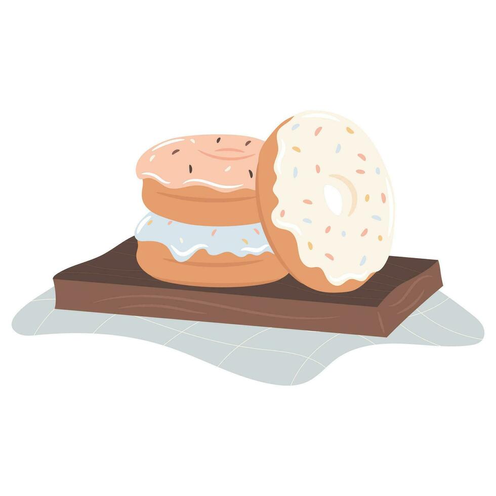 Tasty doughnuts on the wooden tray. Vector illustration