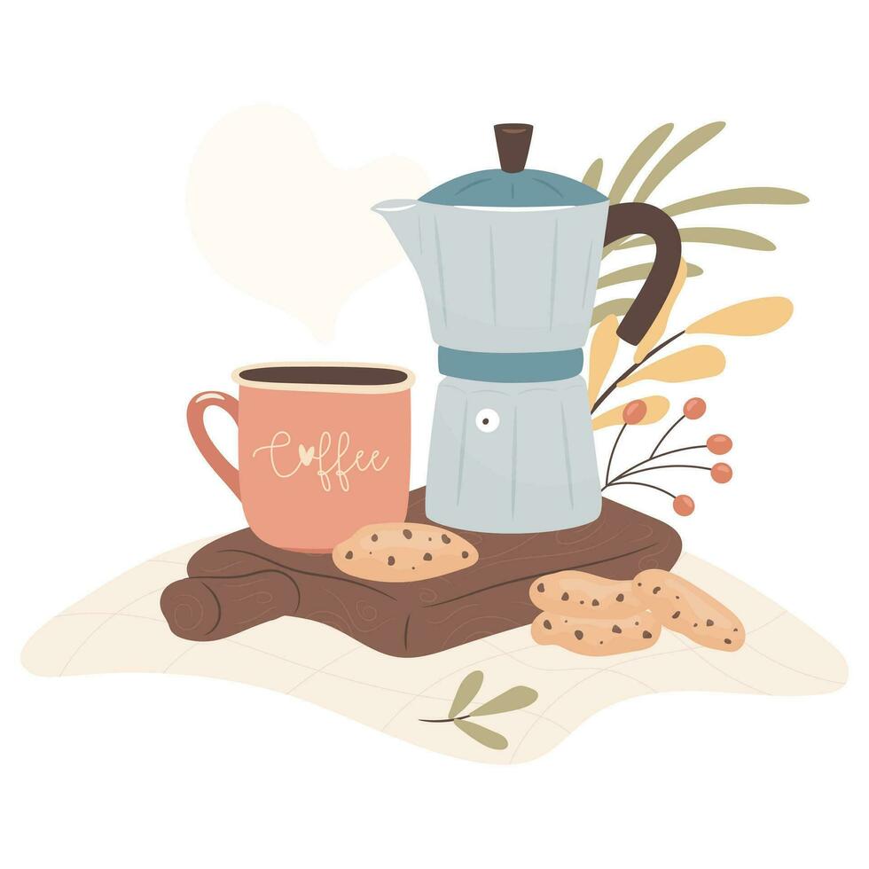 Morning coffee and cookies. Cozy autumn days concept. Vector illustration