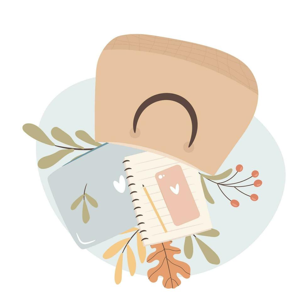 Laptop and notepad inside womans bag. Cozy autumn working days concept. Vector illustration