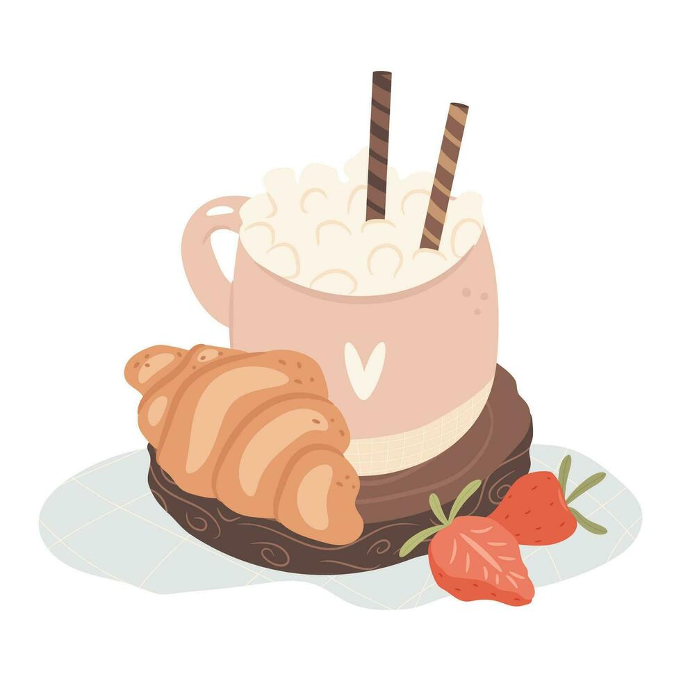 Cup of coffee on the wooden tray with croissant. Cozy autumn breakfast concept. vector