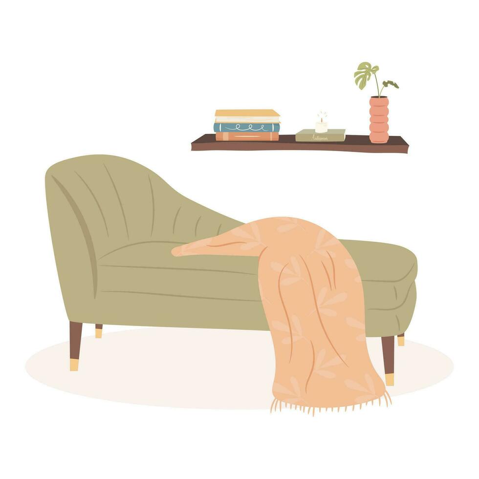 Cozy home. Couch with warm blanket, books and a candle. Hello autumn. Cozy autumn days concept. vector
