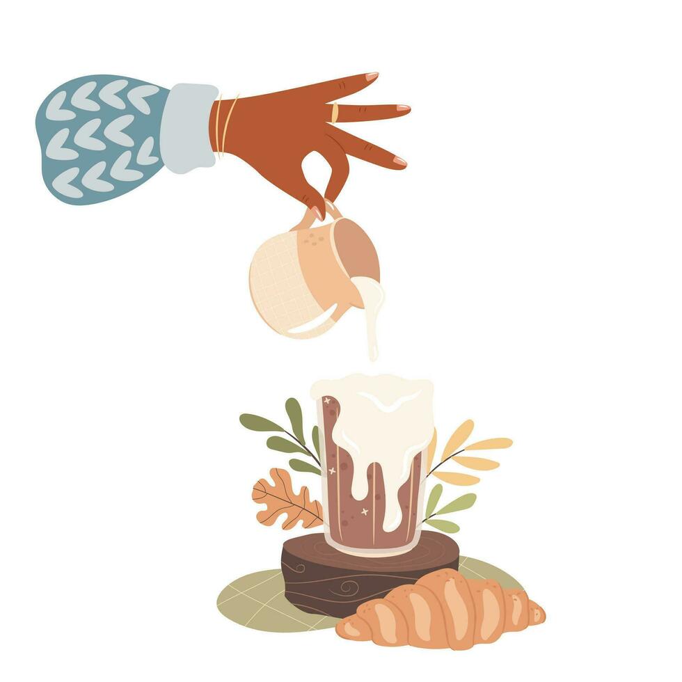 Woman pours milk to glass of coffee. Cozy autumn breakfast concept. vector