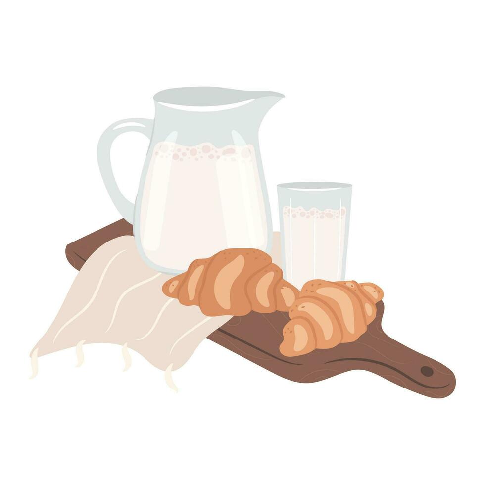 Milk and cookies. Jug of milk with croissants on the wooden tray. Morning breakfast concept. Cozy autumn days concept. vector