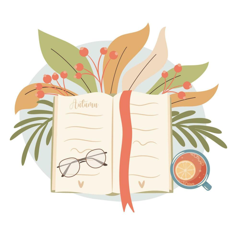 Hello Autumn. Reading time. Cup of tea and a book. Cozy autumn days concept. vector