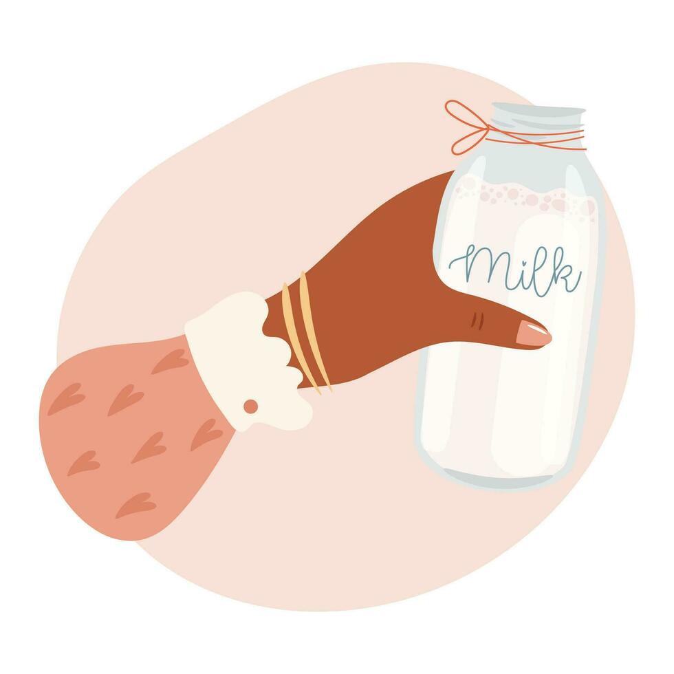 Woman hand holding milk bottle. Vector illustration