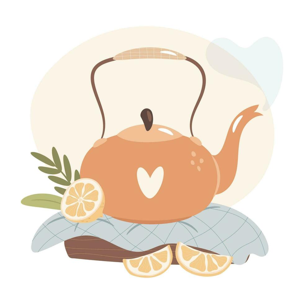 Good morning. Tea pot and lemons. Cozy morning breakfast concept. vector