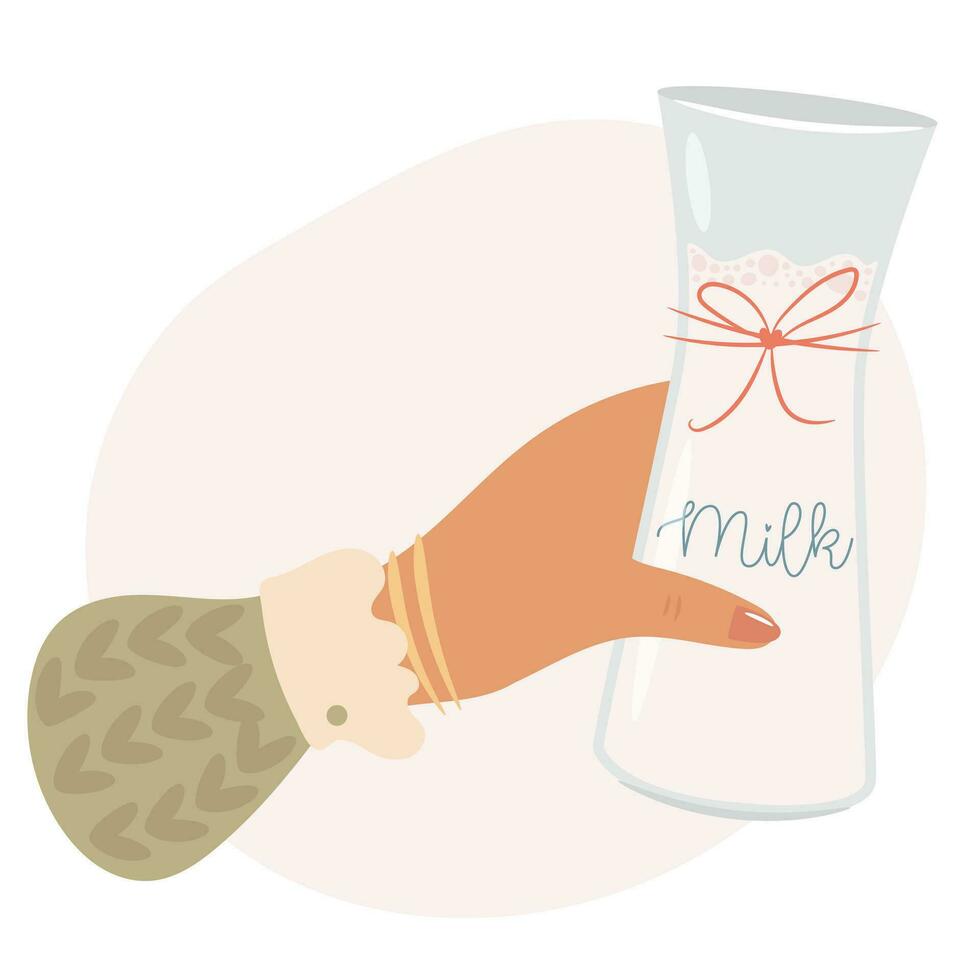 Woman hand holding milk bottle. Vector illustration